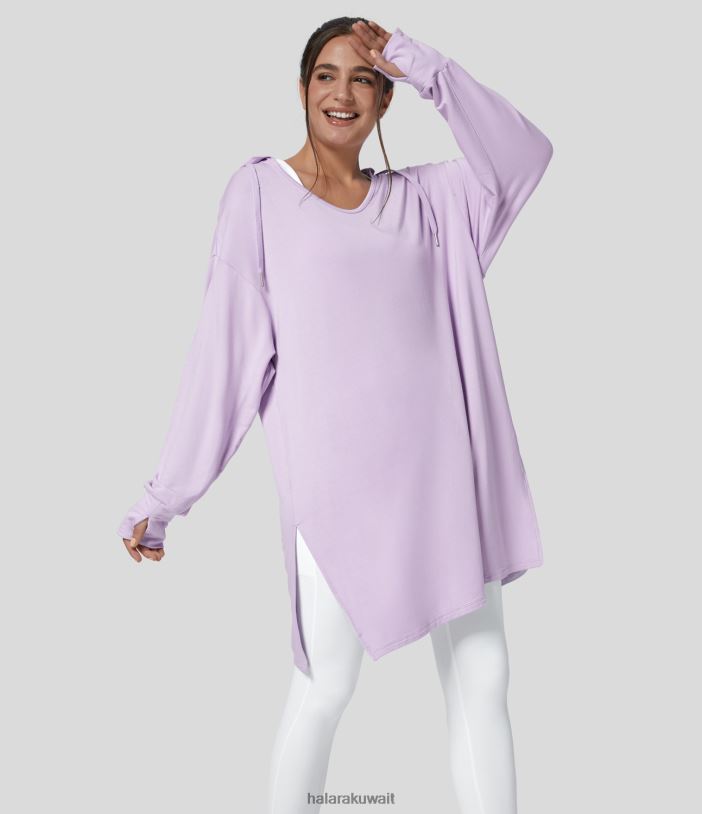 ملابس أرجواني ضبابي TDP4N1982 نحيف Halara سويت شيرت كاجوال بغطاء للرأس ورقبة على شكل حرف V وفتحة إبهام وفتحة طويلة