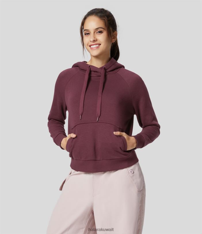 ملابس الماهوجني الأحمر TDP4N1987 نحيف Halara مقنعين الرباط جيب الكنغر البلوز القطن عارضة