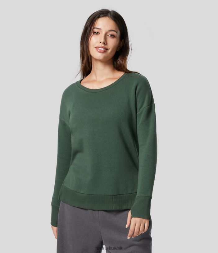 ملابس الصفاء الداكن الأخضر TDP4N1988 نحيف Halara سويت شيرت قطني كاجوال برقبة دائرية وفتحة للإبهام وحاشية مقسمة منخفضة