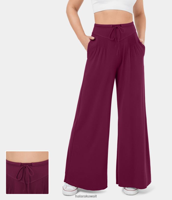 ملابس رياضية أحمر بنفسجي TDP4N198 نحيف Halara بنطال كاجوال بخصر عالٍ ورباط وجيب جانبي مكشكش وواسع الساق