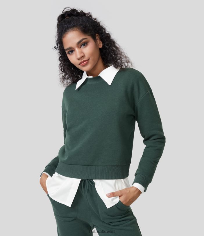 ملابس الصفاء الداكن الأخضر TDP4N1994 نحيف Halara سويت شيرت من القطن برقبة دائرية وأكمام طويلة وحاشية مضلعة أساسية