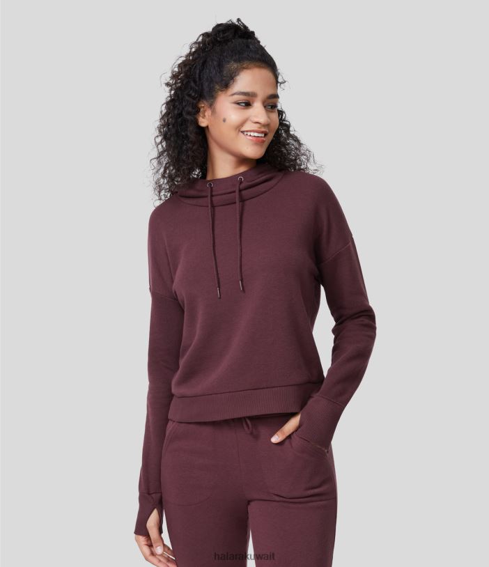 ملابس الماهوجني الأحمر TDP4N1997 نحيف Halara سترة قطنية كاجوال بغطاء للرأس وفتحة إبهام وحاشية مقسمة