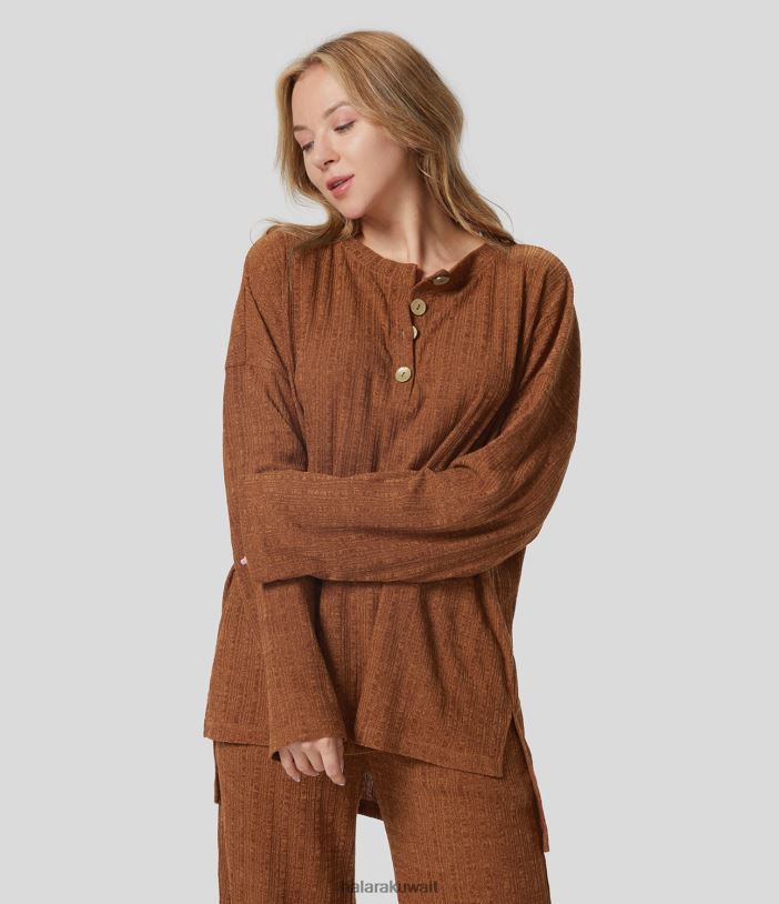 ملابس خيوط الشاي الزهرية الحمراء TDP4N1998 نحيف Halara سويت شيرت كاجوال كبير الحجم برقبة هينلي مضلعة وحاشية مقسمة عالية