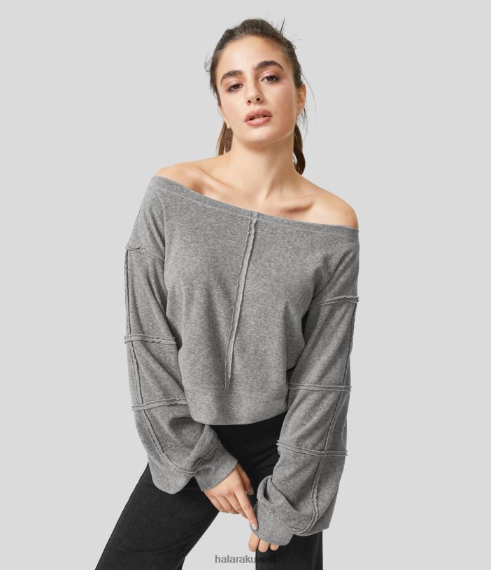 ملابس رمادي غامق مرقش TDP4N1999 نحيف Halara سويت شيرت كاجوال برقبة قارب وأكمام أسقف خام