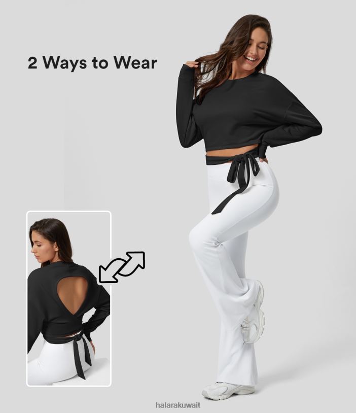 ملابس نجم يغرق باللون الأسود TDP4N2000 نحيف Halara سترة قطنية كاجوال برقبة دائرية وأكمام طويلة وظهر متقاطع وربطة عنق جانبية