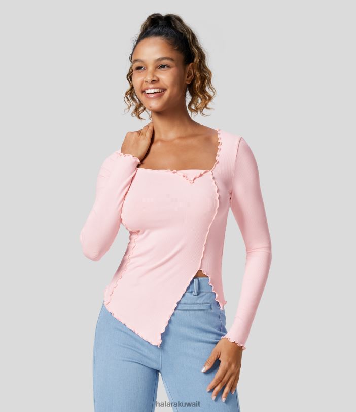 ملابس وردة ضبابية TDP4N2003 نحيف Halara بلوزة كاجوال رفيعة ذات رقبة مربعة مضلعة وحاشية غير متماثلة