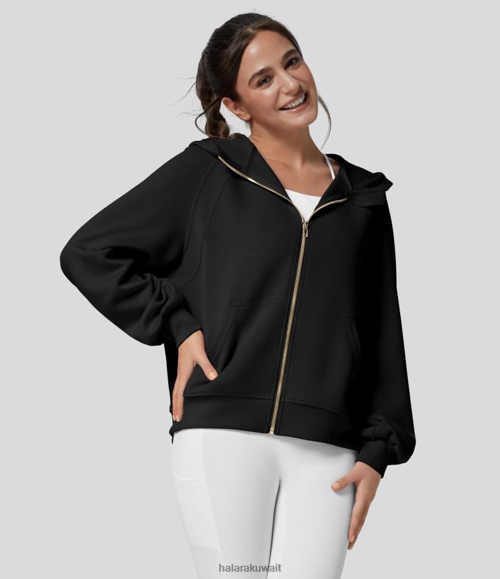 ملابس أسود TDP4N2004 نحيف Halara سويت شيرت كاجوال بغطاء للرأس وأكمام راجلان وجيب الكنغر وسحاب