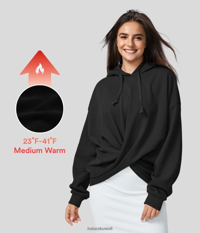 ملابس رياضية أسود TDP4N2006 نحيف Halara سويت شيرت رياضي قطني كاجوال بأكمام طويلة برباط ملتوي وغطاء للرأس