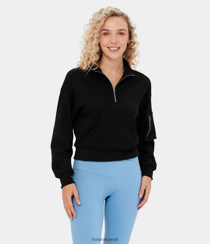 ملابس أسود TDP4N2009 نحيف Halara ياقة واقفة، نصف سحاب، كتف منسدل، جيب الكنغر، سترة قطنية غير رسمية