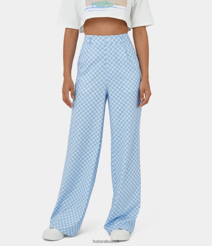 ملابس المربع الأزرق TDP4N200 نحيف Halara سروال كاجوال منقوش بأزرار متوسطة الارتفاع وجيب جانبي وساق واسعة