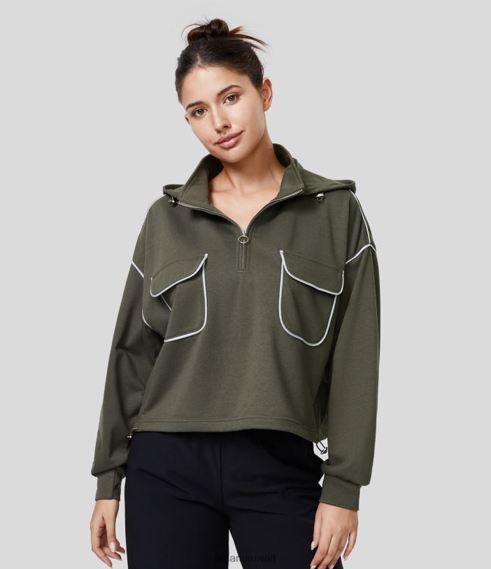 ملابس ورق عنب TDP4N2013 نحيف Halara غطاء رأس قابل للإزالة، ياقة عالية، نصف سحاب، جيب، رباط قابل للتعديل، كاجوال من القطن