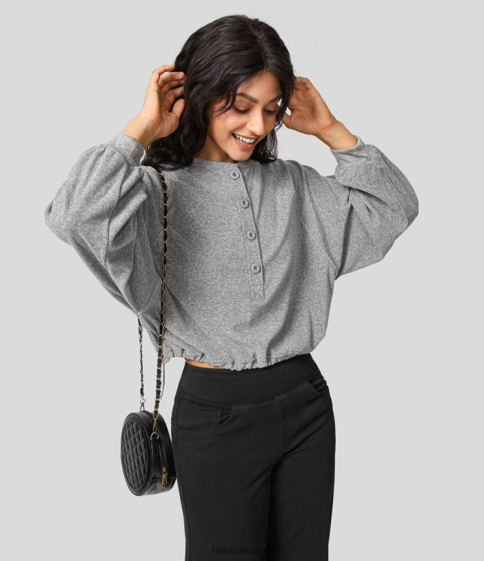 ملابس رياضية رمادي غامق مرقش TDP4N2015 نحيف Halara سويت شيرت كاجوال بأكمام راجلان وحاشية برباط قابل للتعديل