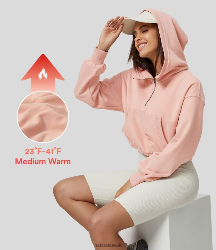 ملابس استحى شاحب TDP4N2017 نحيف Halara سويت شيرت بغطاء للرأس بكتف منسدل نصف سحاب وجيب الكنغر من الصوف الصلب