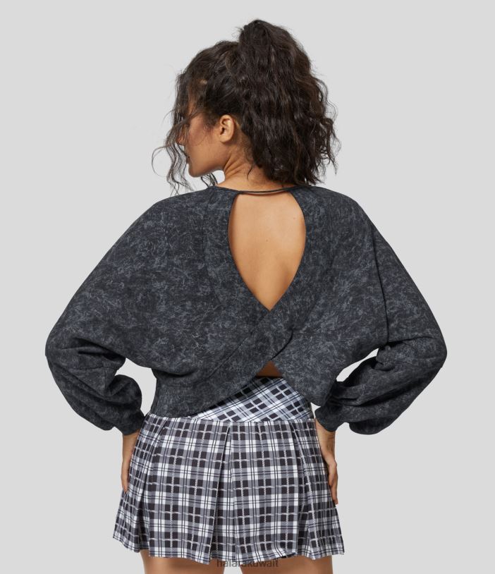 ملابس دخان رمادي غامق TDP4N2018 نحيف Halara سويت شيرت من القطن الكاجوال بأكمام طويلة وظهر مكشوف وحاشية متقاطعة