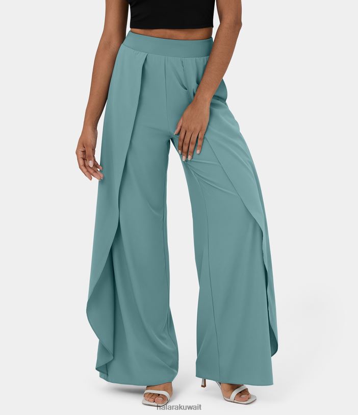 ملابس رياضية الأزرق المعدني TDP4N201 نحيف Halara بنطال كاجوال بخصر عالٍ وجيب جانبي مكشكش وواسع الساق وسريع الجفاف