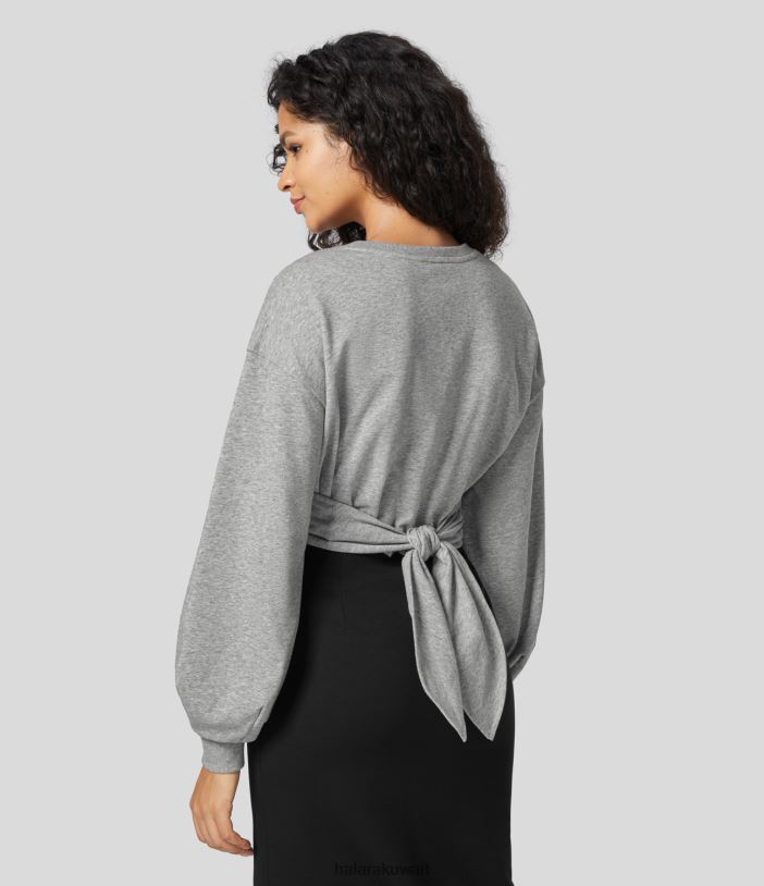 ملابس الضباب الرمادي TDP4N2020 نحيف Halara سترة قطنية كاجوال برقبة دائرية وأكمام أسقف وربطة عنق خلفية