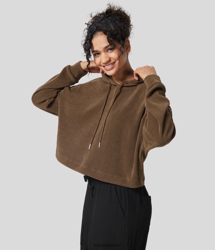 ملابس ليكيور القهوة TDP4N2021 نحيف Halara سويت شيرت بقلنسوة وكتف منسدل ورباط كاجوال من قماش شانيل