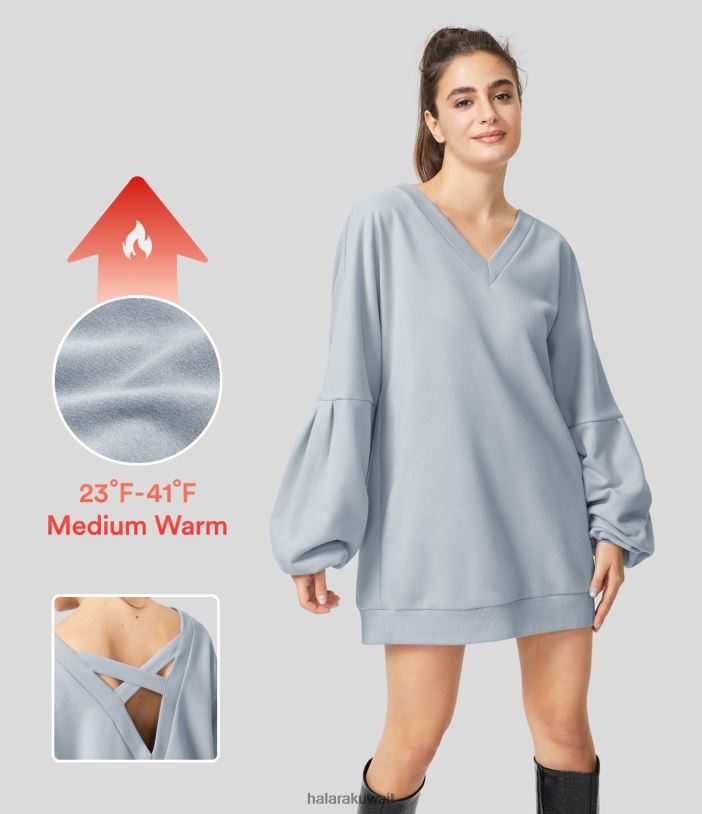 ملابس ذكرى سنوية سعيدة باللون الرمادي TDP4N2022 نحيف Halara سترة قطنية كاجوال من الصوف برقبة على شكل حرف V وأكمام منسدلة وأكمام أسقف متقاطعة من الخلف