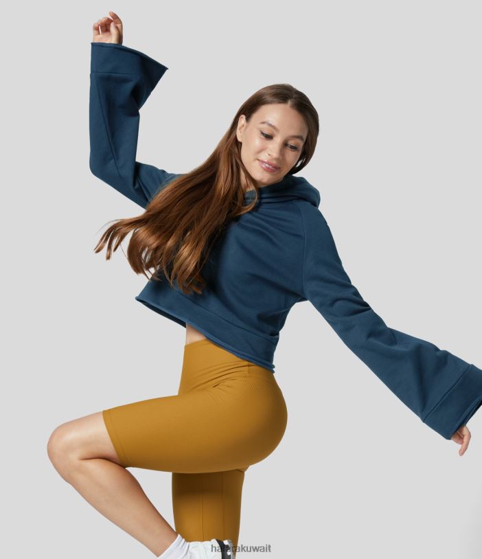 ملابس ماجوليكا الأزرق TDP4N2024 نحيف Halara مقنعين انتفض الأكمام البلوز القطن عارضة