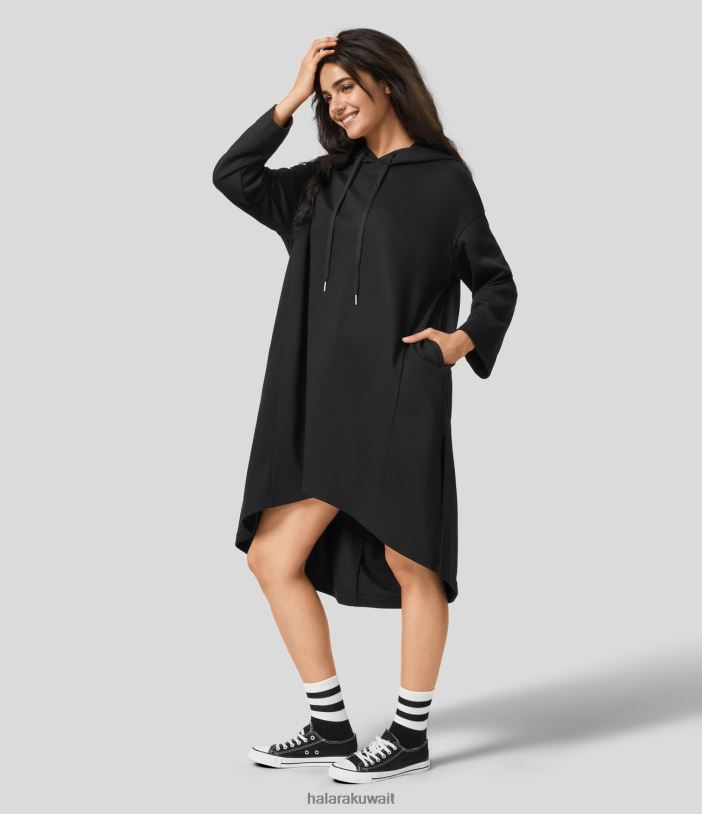 ملابس أسود TDP4N2028 نحيف Halara سويت شيرت قطني طويل الأكمام برباط وغطاء للرأس وجيب جانبي منقسم ومرتفع ومنخفض كاجوال من القطن
