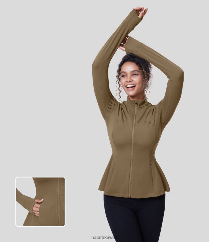 ملابس رياضية بني كستنائي TDP4N2030 نحيف Halara سترة يوجا رفيعة بأكمام طويلة وفتحة إبهام وجيب جانبي وسحاب وحاشية مكشكشة