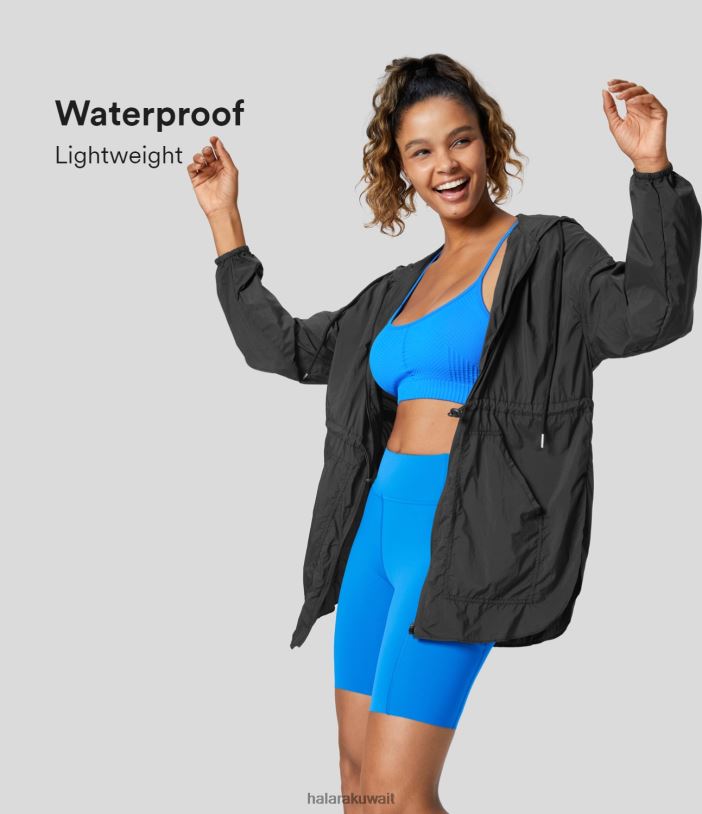 ملابس رياضية أسود TDP4N2031 نحيف Halara سترة خفيفة الوزن مقاومة للماء بغطاء رأس قابل للتعديل وجيب خصر وحاشية منحنية وسحاب للتنزه سيرًا على الأقدام