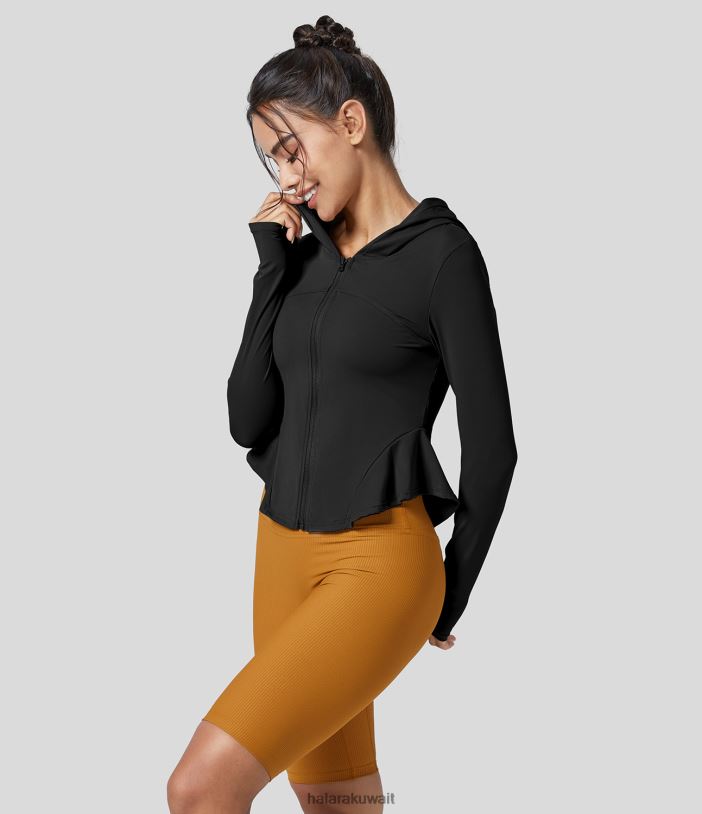 ملابس رياضية أسود TDP4N2039 نحيف Halara سترة يوجا Softlyzero Airy ذات أكمام طويلة وفتحة إبهام وحاشية مكشكشة وغطاء رأس رفيعة ذات ملمس رائع