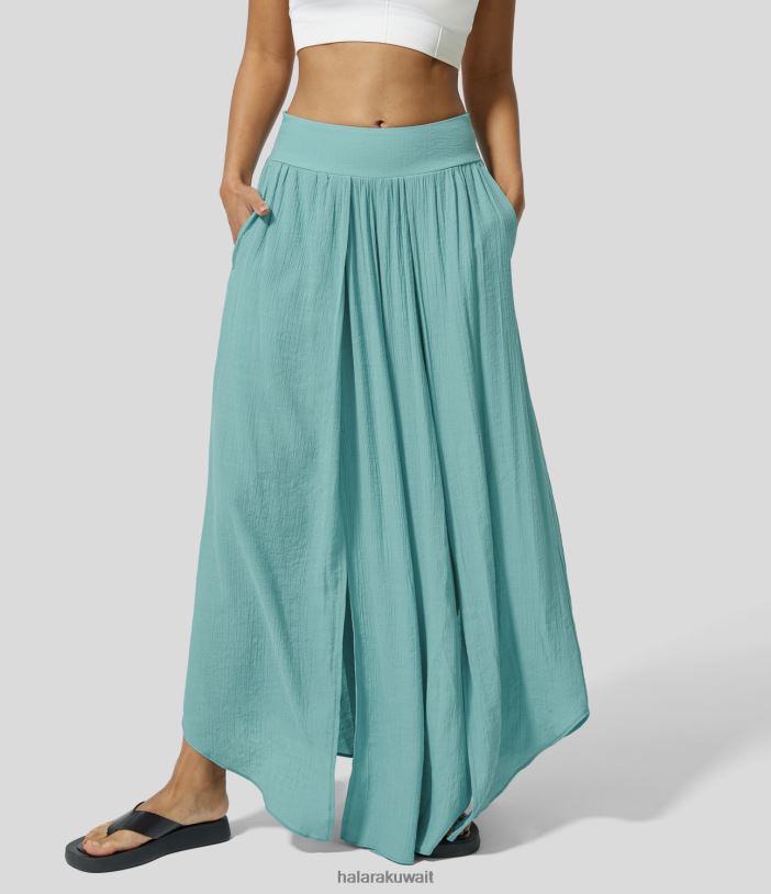 ملابس النيل الأزرق TDP4N203 نحيف Halara بنطال كاجوال واسع الساق وجيب جانبي متوسط ​​الارتفاع