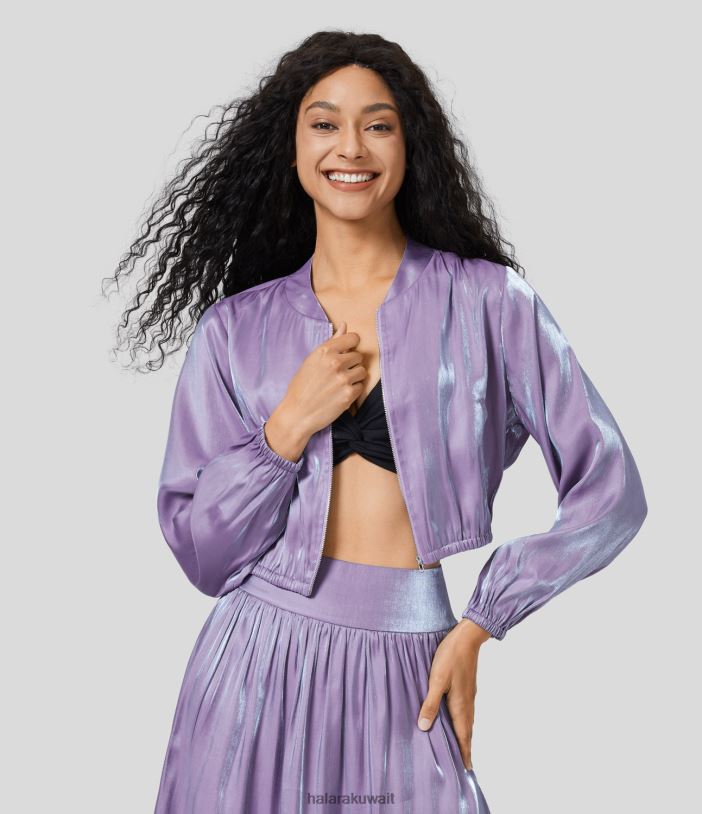 ملابس افتتان TDP4N2047 نحيف Halara سترة بومبر لامعة كاجوال بجيب جانبي وسحاب