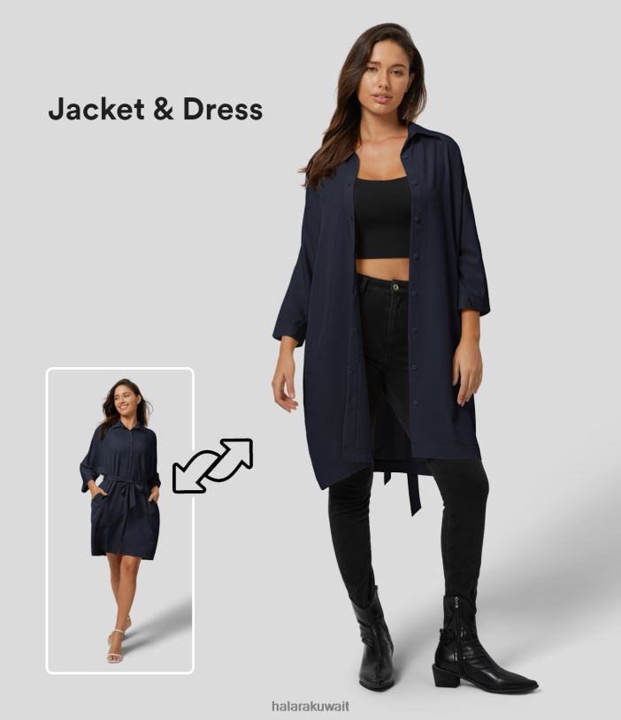 ملابس الباريتون الأزرق TDP4N2048 نحيف Halara سترة كاجوال بأكمام طويلة وأزرار بياقة وجيب جانبي وحزام طويل