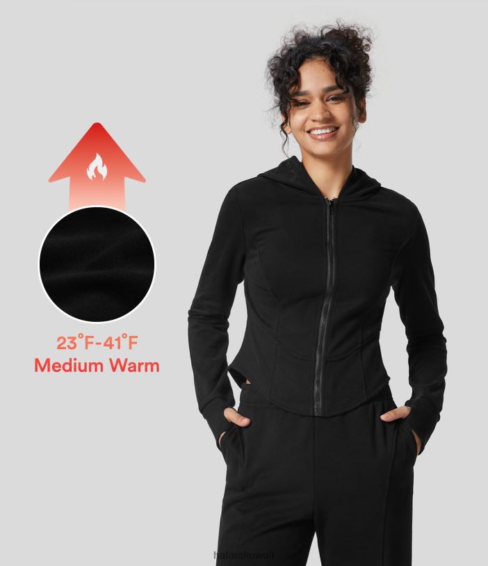 ملابس أسود TDP4N2049 نحيف Halara سترة قطنية كاجوال بغطاء رأس وفتحة إبهام وحاشية منحنية من الصوف