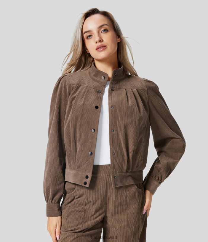 ملابس بني كاكاو TDP4N2050 نحيف Halara سترة عمل ذات ثنيات وزر كبس وجيب جانبي وفتحة رقبة على شكل قمع