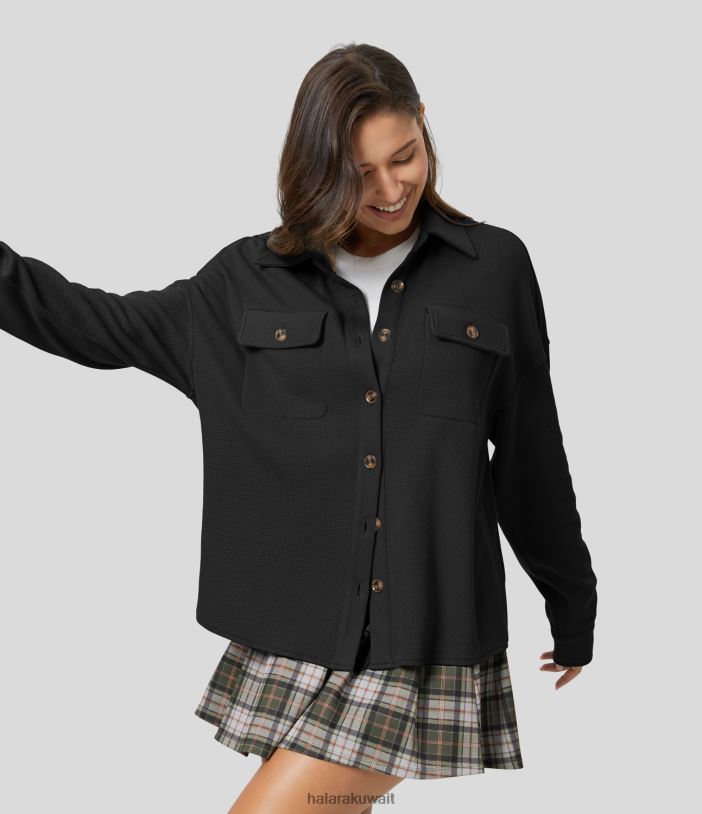 ملابس أسود TDP4N2054 نحيف Halara سترة كاجوال بكتف منسدل وجيب وزر أمامي وحاشية منحنية صلبة كبيرة الحجم
