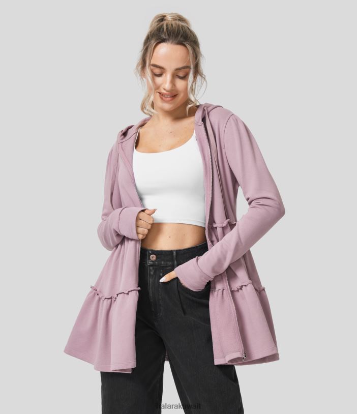 ملابس الفاوانيا البنفسجي TDP4N2056 نحيف Halara سترة قطنية كاجوال بطبقات وجيب جانبي برباط وغطاء للرأس