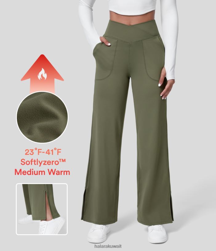 ملابس رياضية العشب الرمادي الأخضر TDP4N205 نحيف Halara سراويل يوجا من الصوف الناعم ذات خصر عالٍ وجيب جانبي مقسم وحاشية مقسمة وساق واسعة