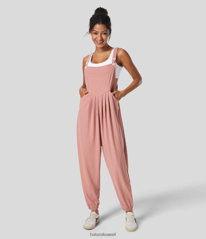 ملابس روز تان TDP4N2066 نحيف Halara زر حزام قابل للتعديل وجيوب متعددة وزرة الركض الكاجوال ذات الوافل المطوية