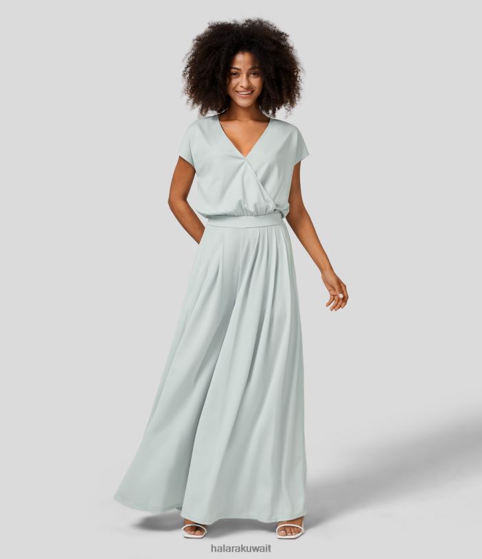 ملابس ضباب واضح الصقيع TDP4N2069 نحيف Halara بذلة غير رسمية برقبة على شكل حرف V وأكمام قصيرة وجيب جانبي مطوي وساق واسعة