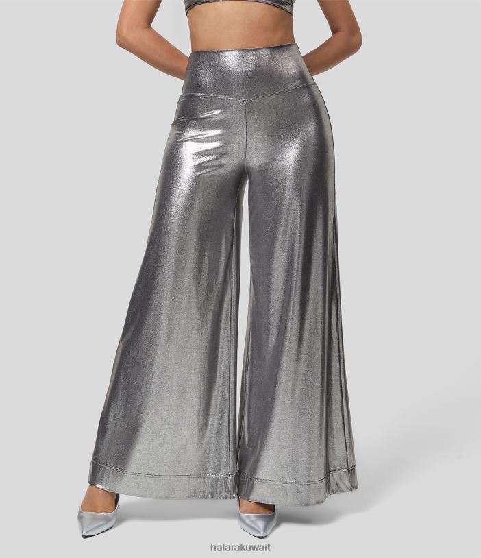ملابس رياضية فضي أسود لامع TDP4N206 نحيف Halara سروال حفلات قابل للتمدد من الجلد الصناعي عالي الخصر وواسع الساق ومطبوع عليه رقائق معدنية من Softlyzero