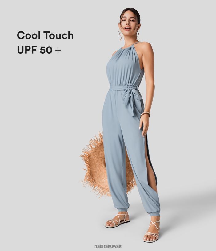 ملابس الضباب الأزرق TDP4N2071 نحيف Halara بذلة بدون أكمام وربطة عنق في الخلف وجيب جانبي وحزام ومكشوفة ذات ملمس رائع