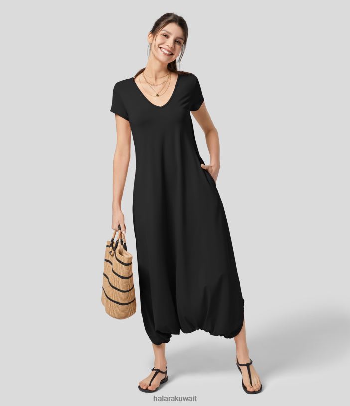 ملابس رياضية أسود TDP4N2084 نحيف Halara بذلة منتجع بأكمام قصيرة ورقبة على شكل حرف V وجيب جانبي متقاطع