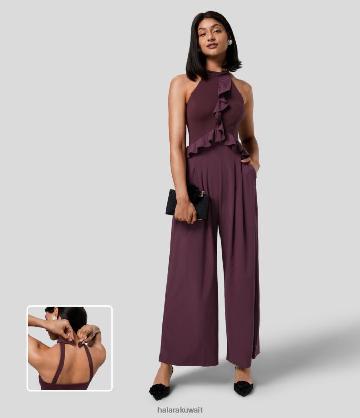 ملابس قطيفة TDP4N2087 نحيف Halara بذلة رسن مكشكشة وإبزيم بدون ظهر وجيب واسع الساق سريع الجفاف لوصيفات العروس وضيوف الزفاف