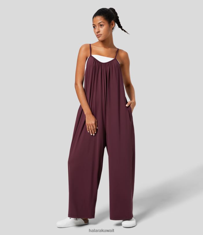 ملابس قرمزي داكن TDP4N2089 نحيف Halara بذلة فضفاضة غير رسمية بحزام سباغيتي قابل للتعديل وجيب جانبي مطوي وساق واسعة
