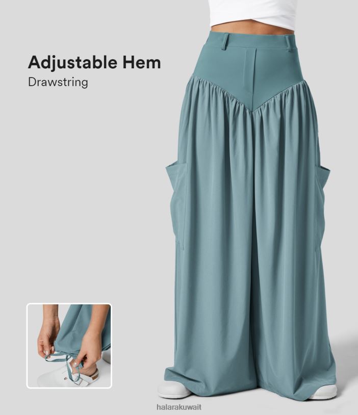 ملابس الحجر الأزرق TDP4N208 نحيف Halara بنطال فانوس كاجوال بخصر عالٍ ومطوي وجيوب متعددة وحاشية برباط قابل للتعديل وساق واسعة وسريع الجفاف