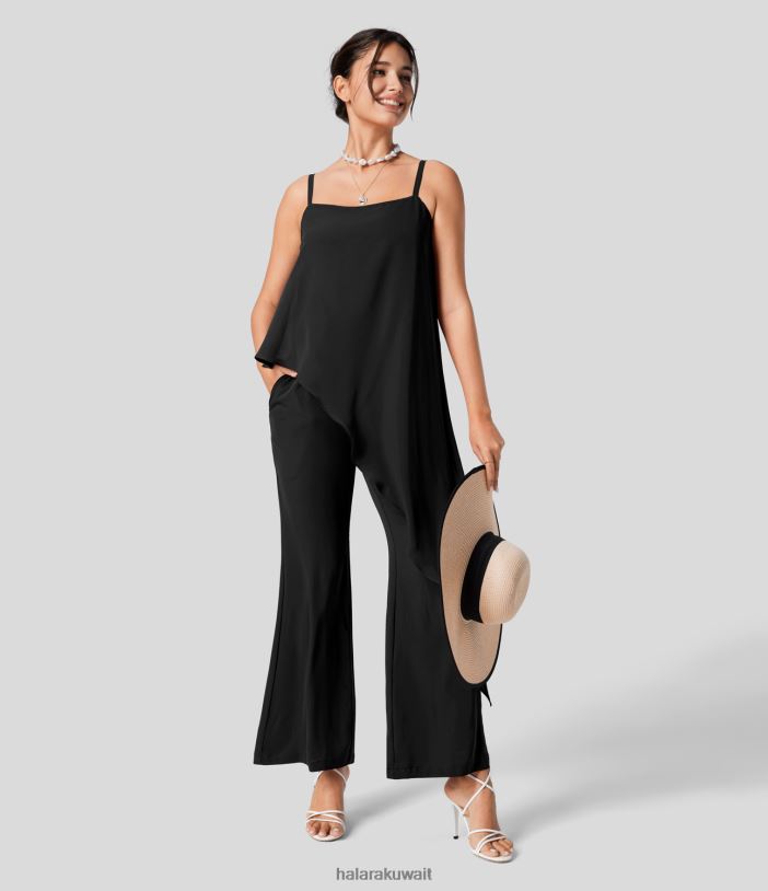 ملابس أسود TDP4N2092 نحيف Halara بذلة منتجعية بحزام قابل للتعديل وظهر وسحاب غير مرئي وجيب جانبي وحاشية غير متماثلة