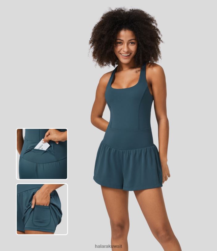 ملابس رياضية ماجوليكا الأزرق TDP4N2097 نحيف Halara بدلة يوجا بفتحة رقبة مربعة بدون ظهر ملتوية على شكل دمعة 2 في 1 وجيب خلفي وجانبي
