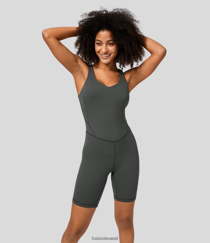 ملابس رياضية اليشم الرمادي الداكن TDP4N2098 نحيف Halara بذلة يوجا مبطنة ورقبة على شكل حرف V بدون ظهر