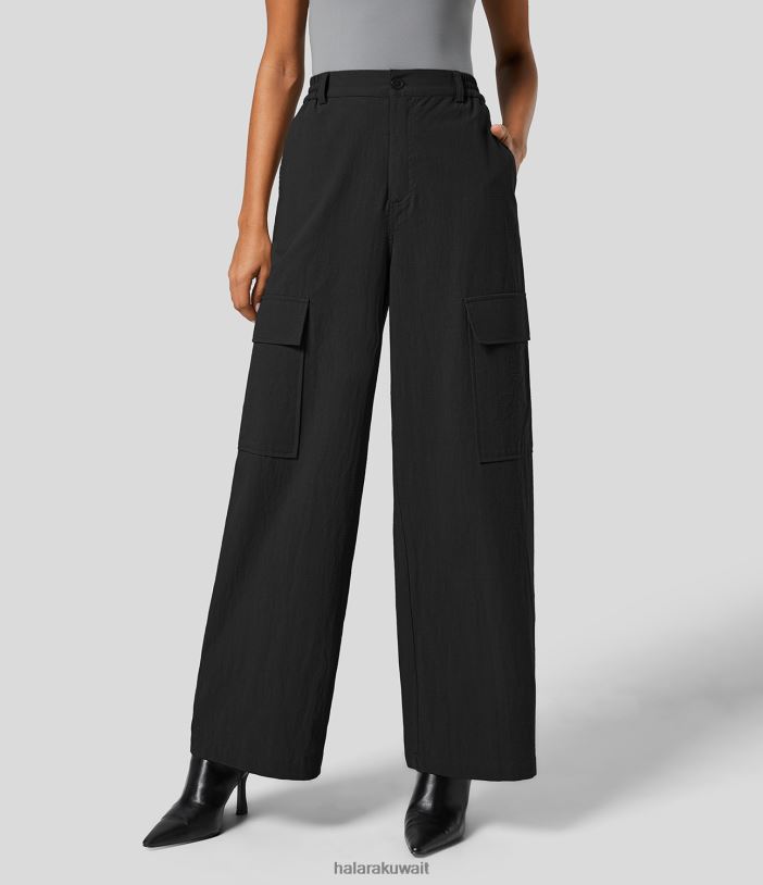 ملابس أسود TDP4N210 نحيف Halara بنطلون قطني عالي الخصر وسحاب وجيوب متعددة وأرجل واسعة
