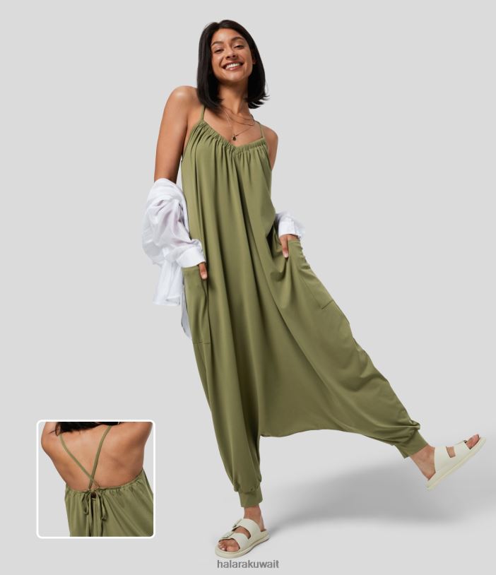 ملابس زيتون كابوليت TDP4N2111 نحيف Halara بدلة حريم غير رسمية بجيب جانبي وأربطة متقاطعة بدون ظهر