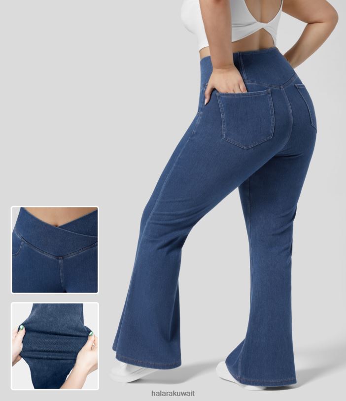 ملابس بحيرة الدنيم الأزرق TDP4N2112 نحيف Halara بنطال جينز سحري عالي الخصر وجيب متقاطع ومغسول ومطاط كاجوال مقاس كبير ومتوهج للغاية
