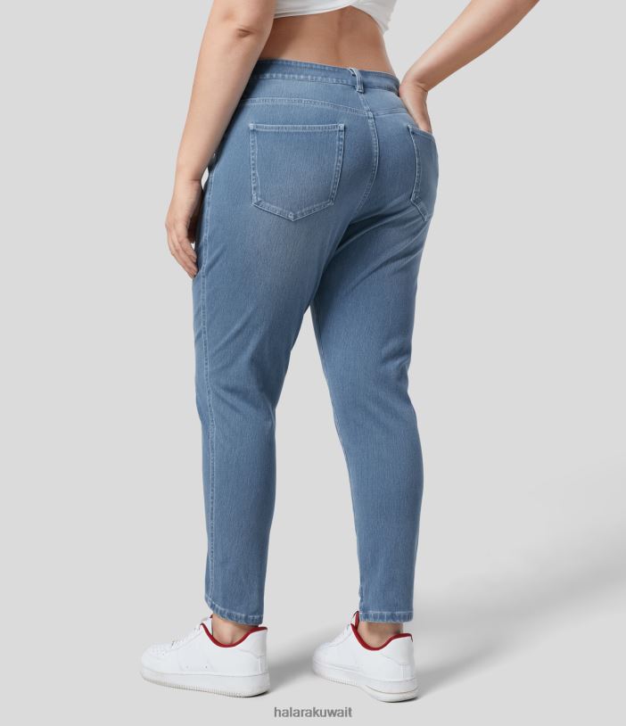 ملابس الدنيم السماوي الداكن TDP4N2116 نحيف Halara جينز سحري بأزرار متوسطة الارتفاع وسحّاب وجيوب متعددة ومتماسكة قابلة للتمدد كاجوال مقاس كبير